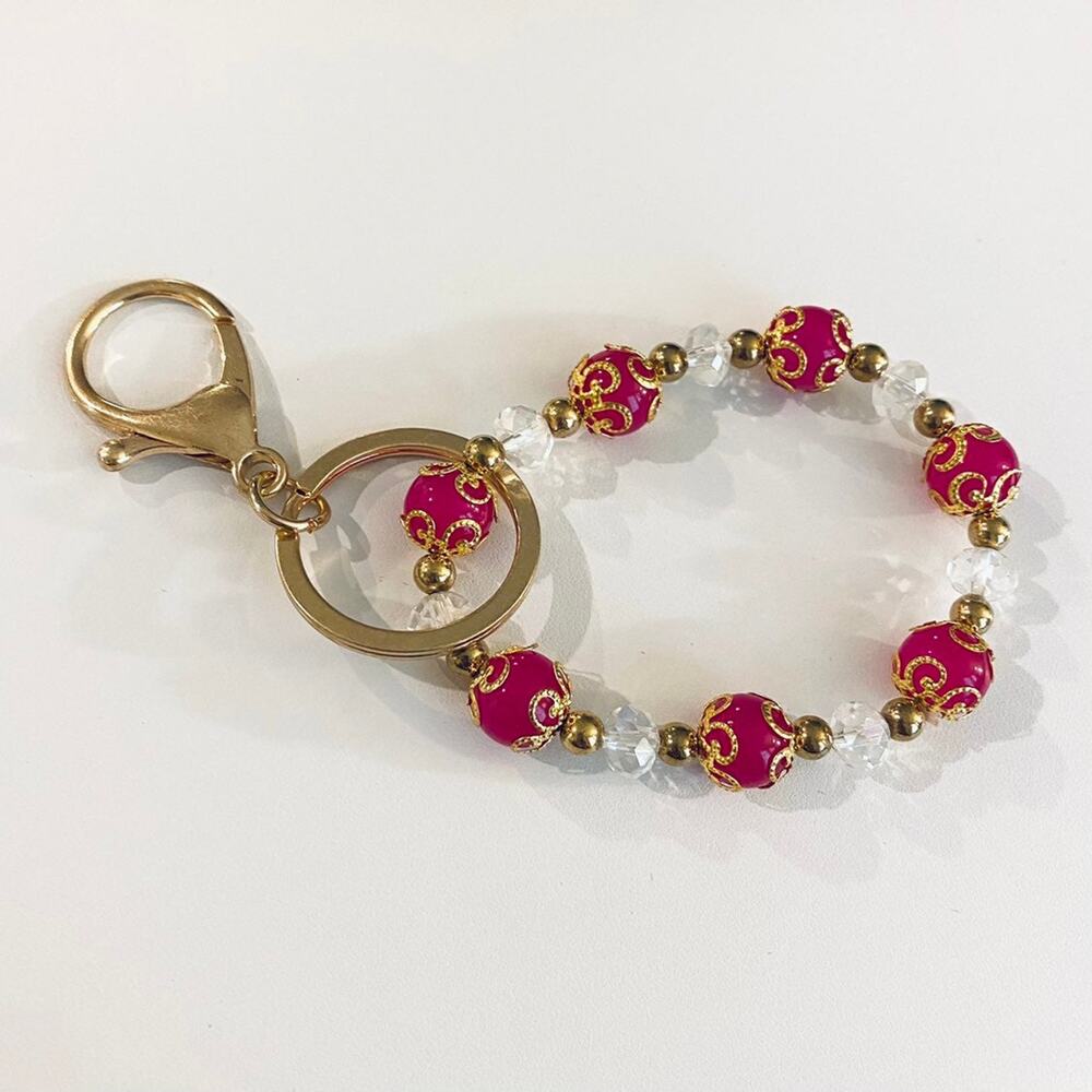 Magenta Glass Bead Bracelet Keyring